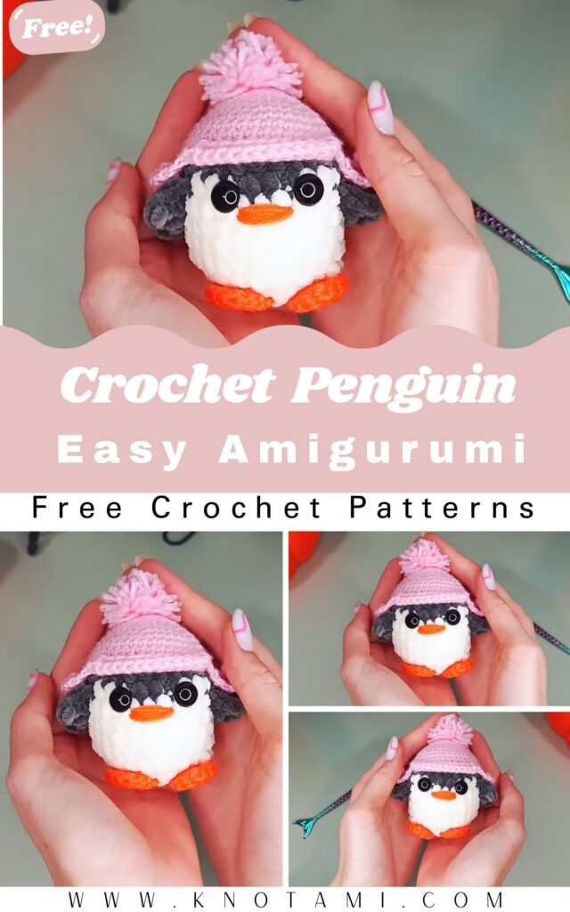 Charcoal and cream chenille crochet penguin amigurumi with orange feet