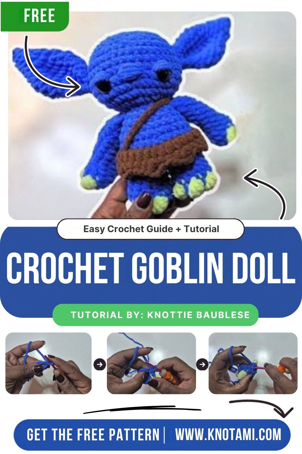 Blue Crochet Goblin Doll Amigurumi with a tiny brown pouch