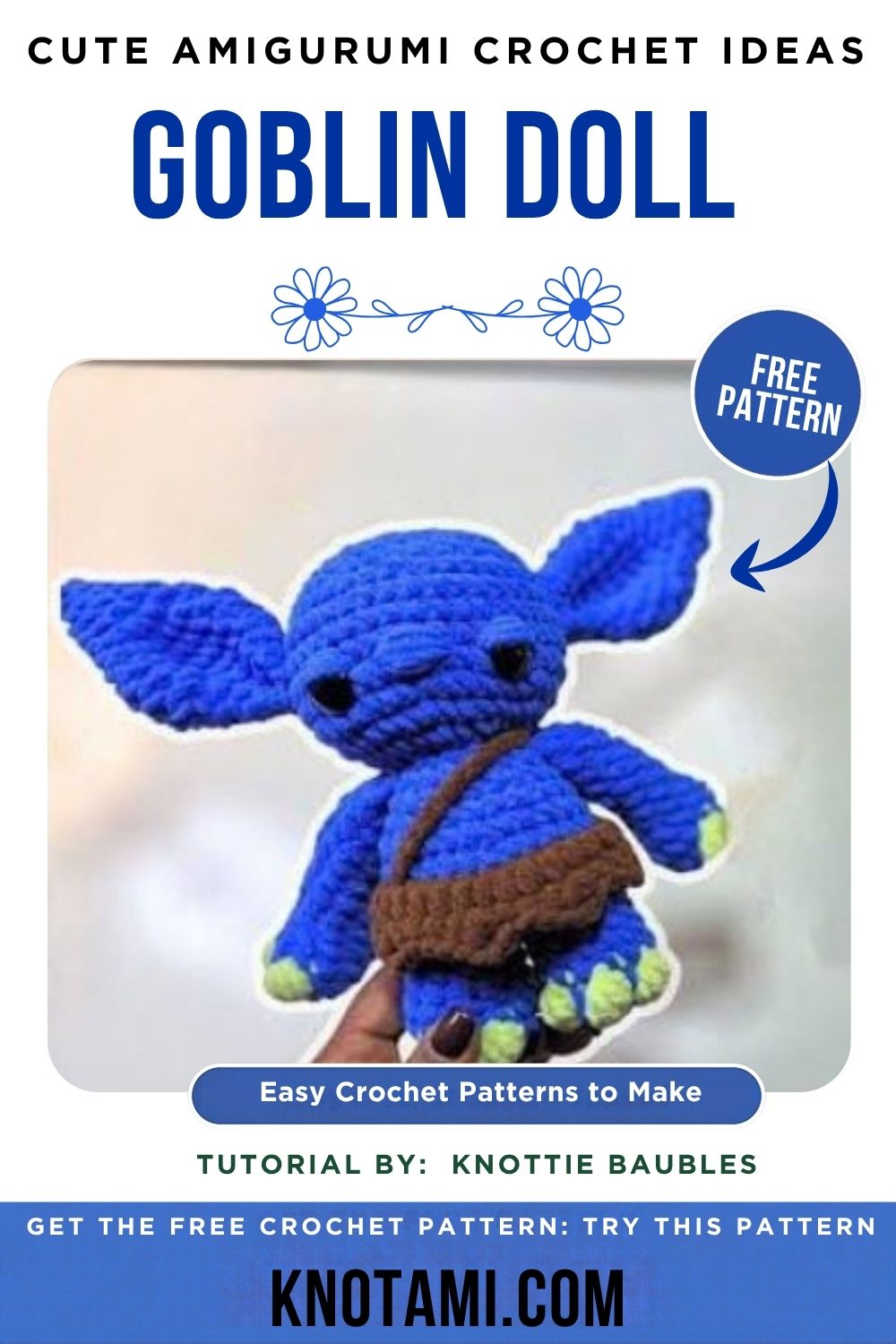 Blue Crochet Goblin Doll Amigurumi with a tiny brown pouch