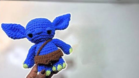 Blue Crochet Goblin Doll Amigurumi with Tiny Pouch