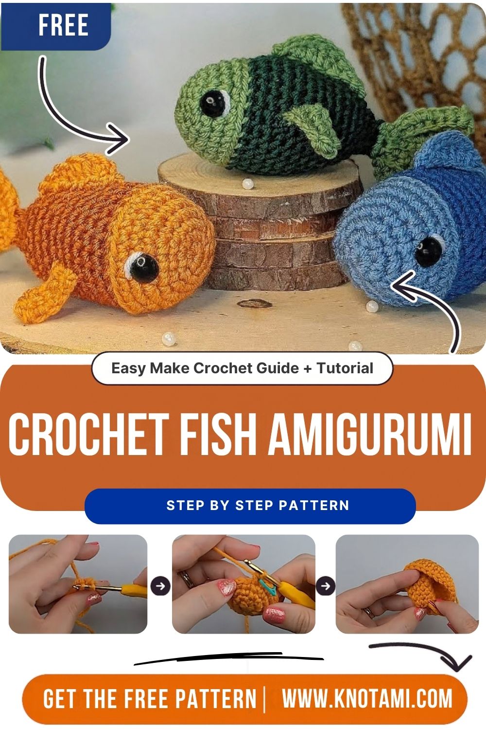 Colorful crochet fish amigurumi with flowing gold fins and curly tail