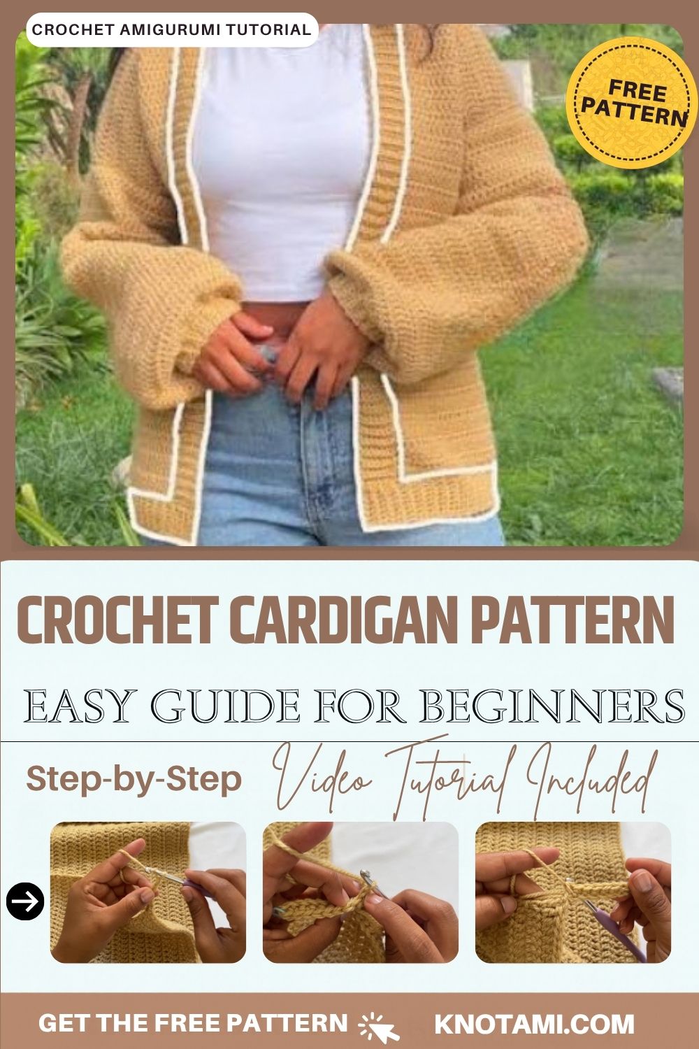 Cozy open front crochet cardigan pattern in mustard yarn with ribbed edges