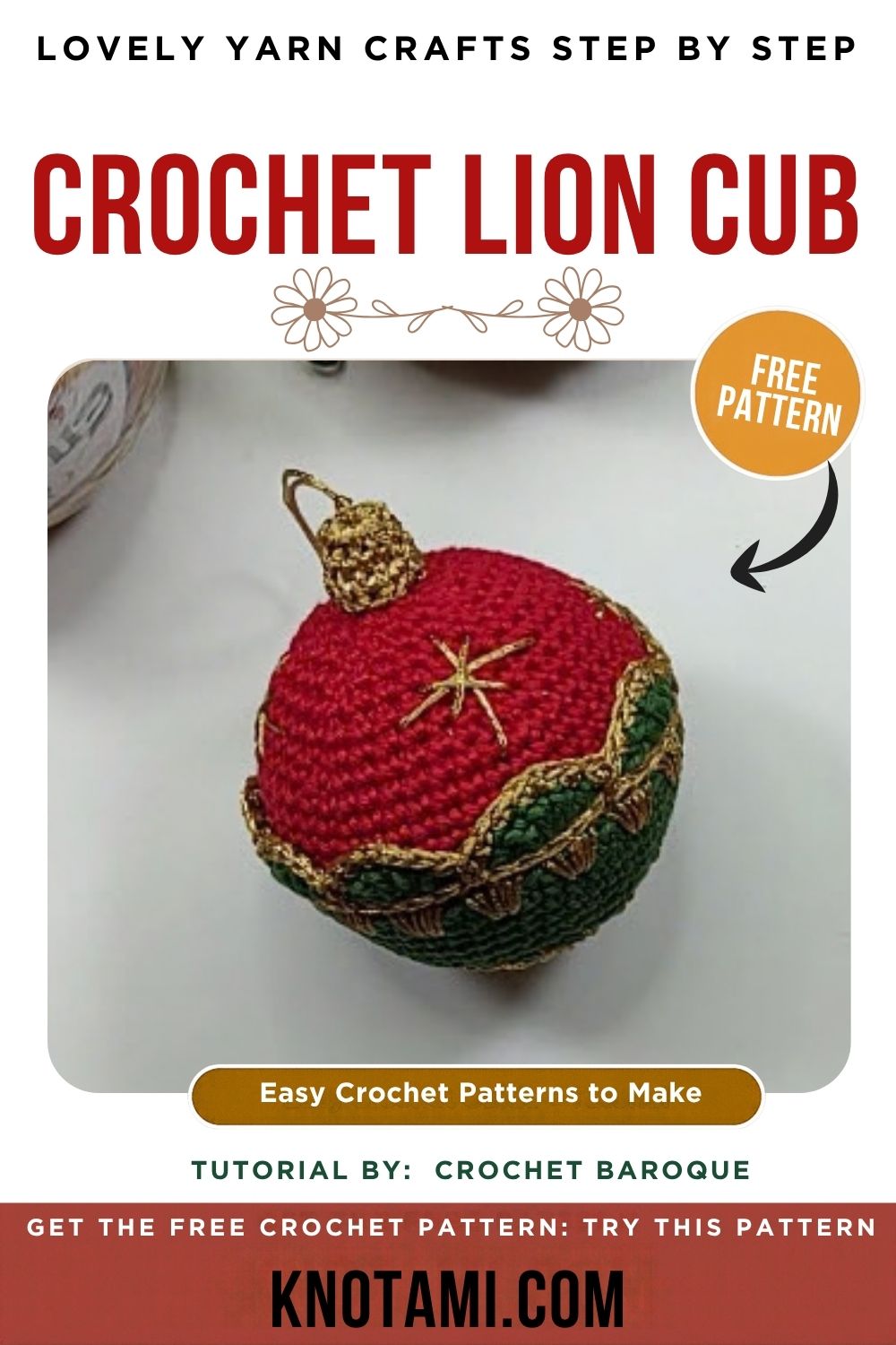 Handmade Crochet Bauble Baroque Atelier ornament with red and gold details