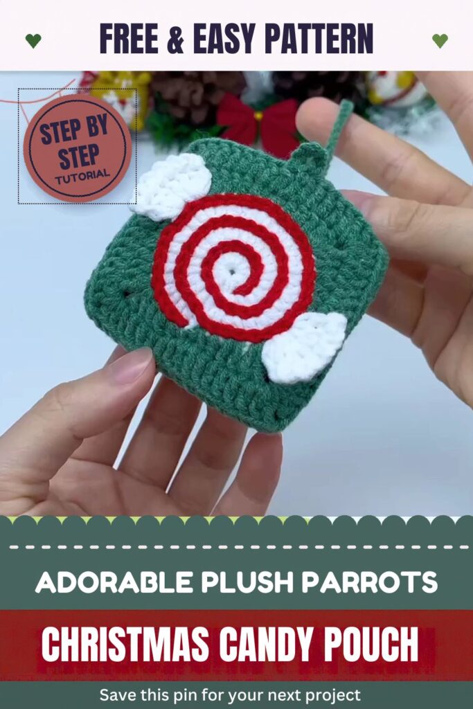 Finished crochet Christmas candy pouch with a red and white peppermint swirl