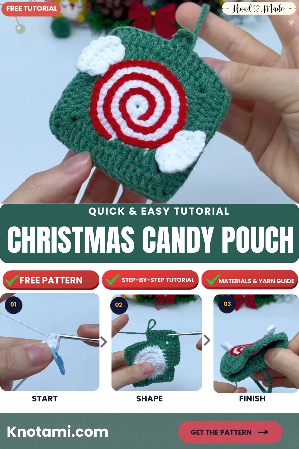 Crochet Christmas candy pouch shaped like a peppermint with a green strap