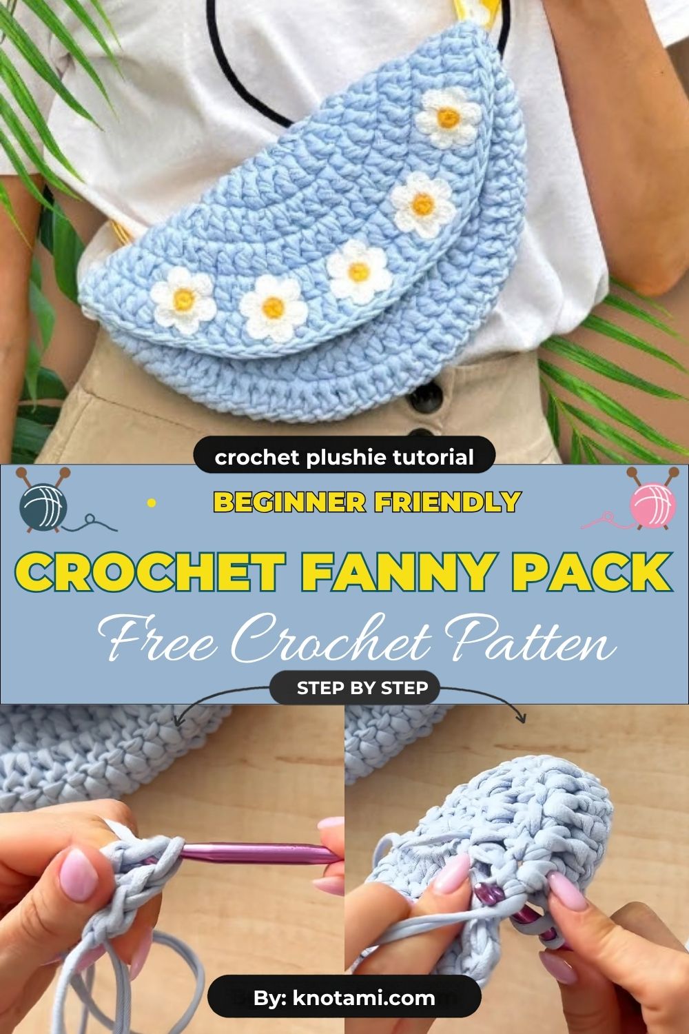 Finished crochet fanny pack crossbody bag with flowers in light blue with white daisies and a yellow strap