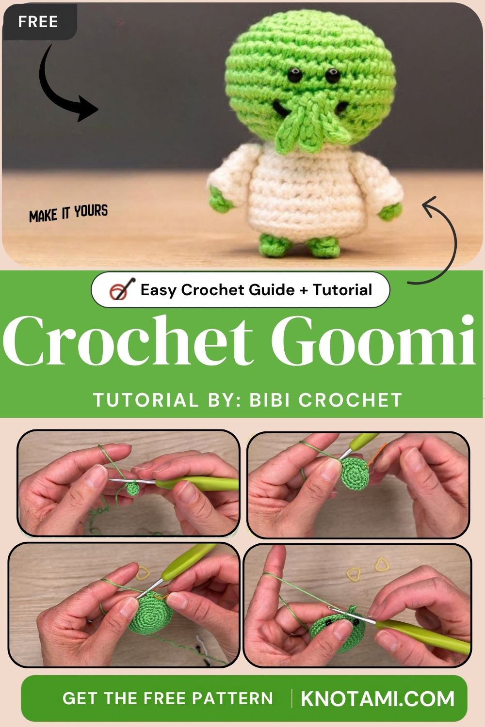 Green and white crochet Goomi amigurumi with sprout stem and curly leaf tufts