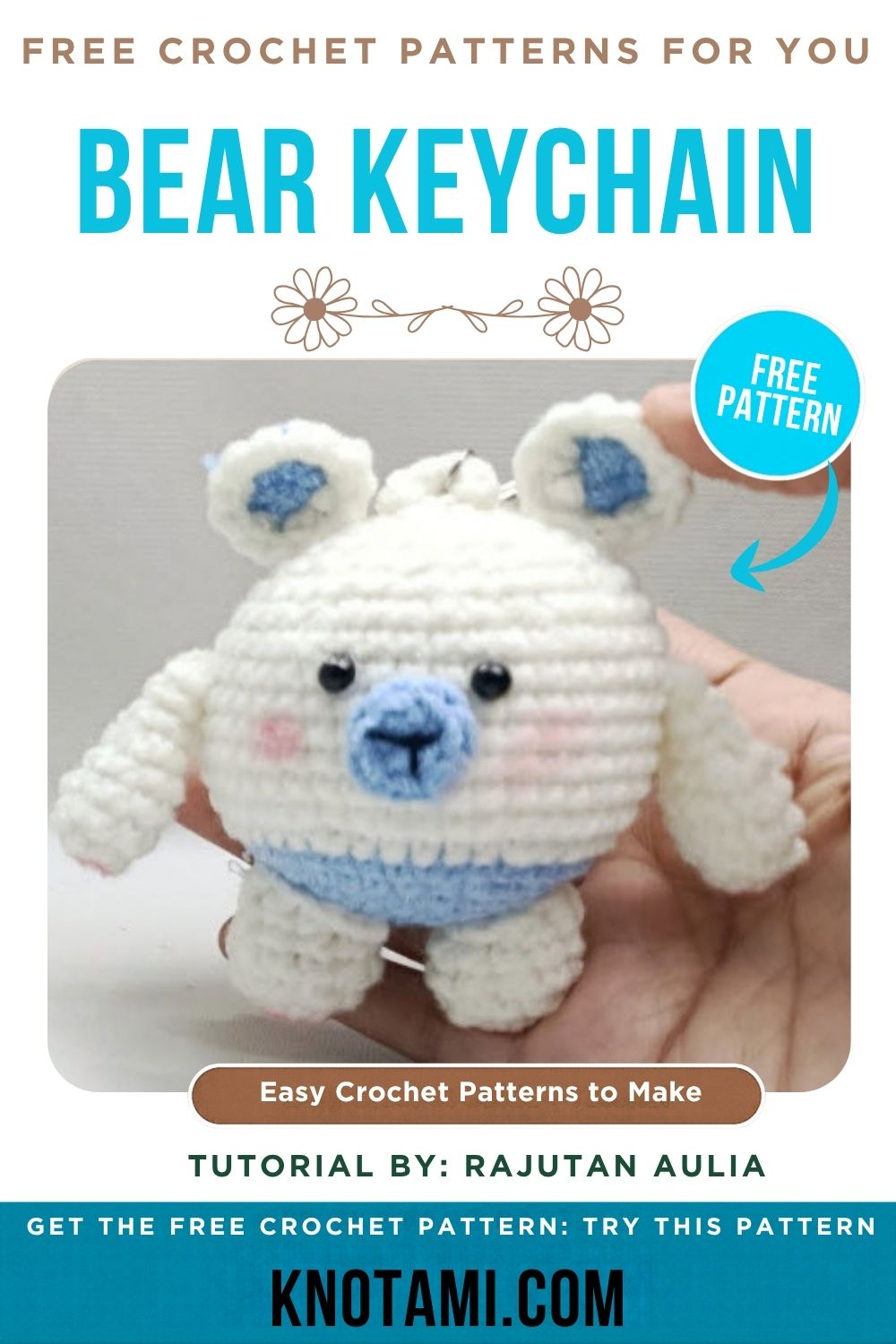 White crochet ball bear keychain with blue ears, blue base, and blue nose patch