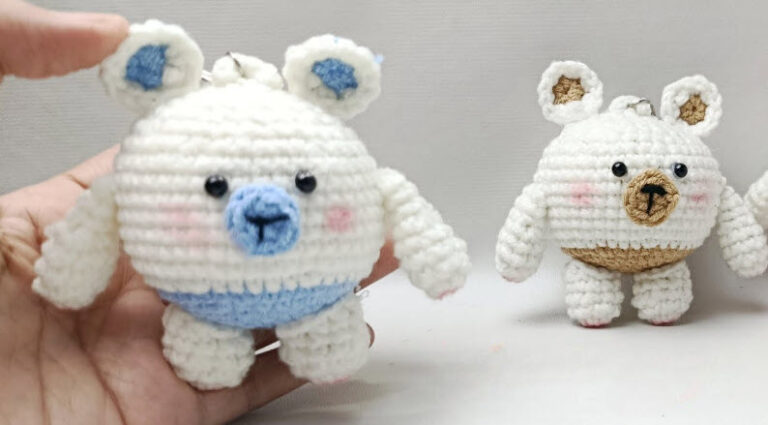 Crochet Round Bear Keychain With Blue Nose