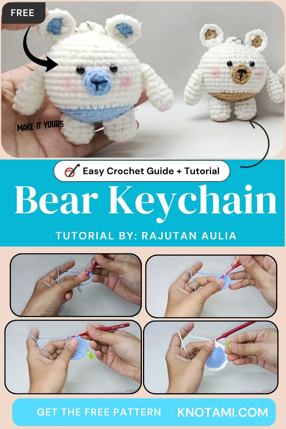 Crochet Round Bear Keychain With Blue Nose