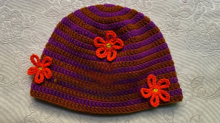 Crochet Striped Beanie With Orange Flower Appliques
