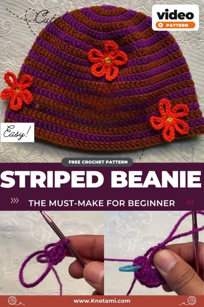Crochet Striped Beanie With Orange Flower Appliqués