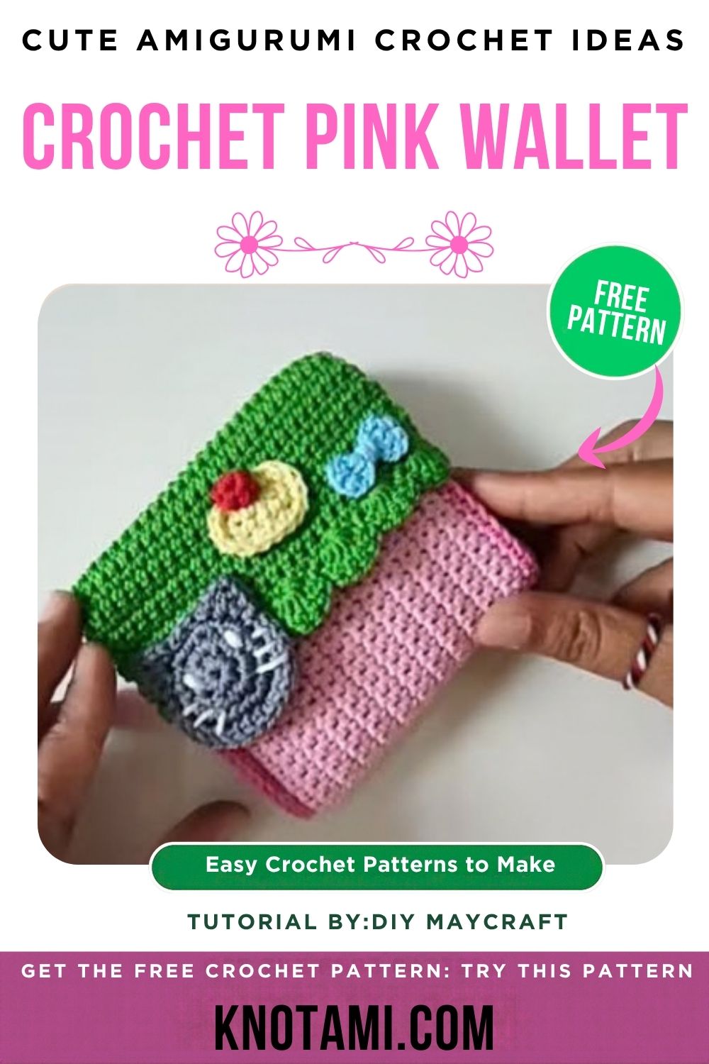 Finished crochet pink wallet with green flap and button closure