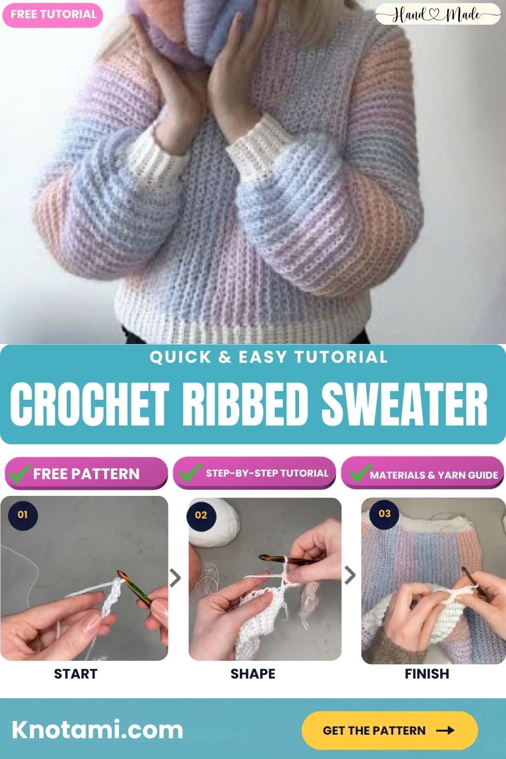 Easy crochet ribbed sweater with puff sleeves in soft pastel stripes.
