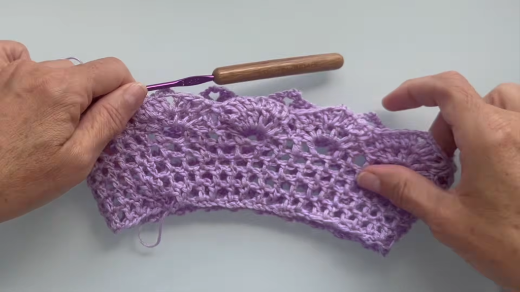 Finished lilac mesh band with a scalloped fan border for the Crochet Harbor Window Cuff Trim for Jeans