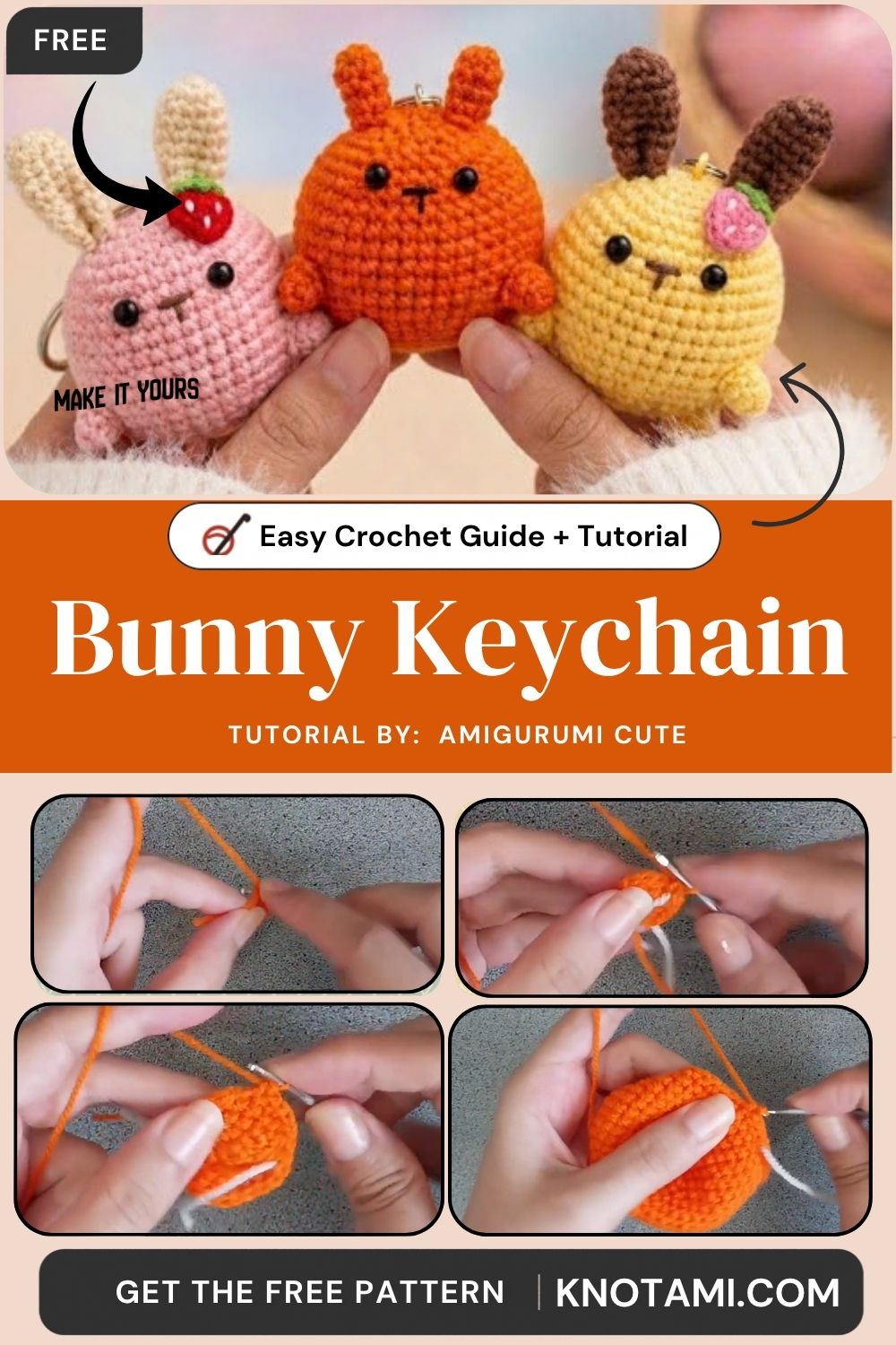 Orange crochet bunny keychain with stitched ears and bead eyes