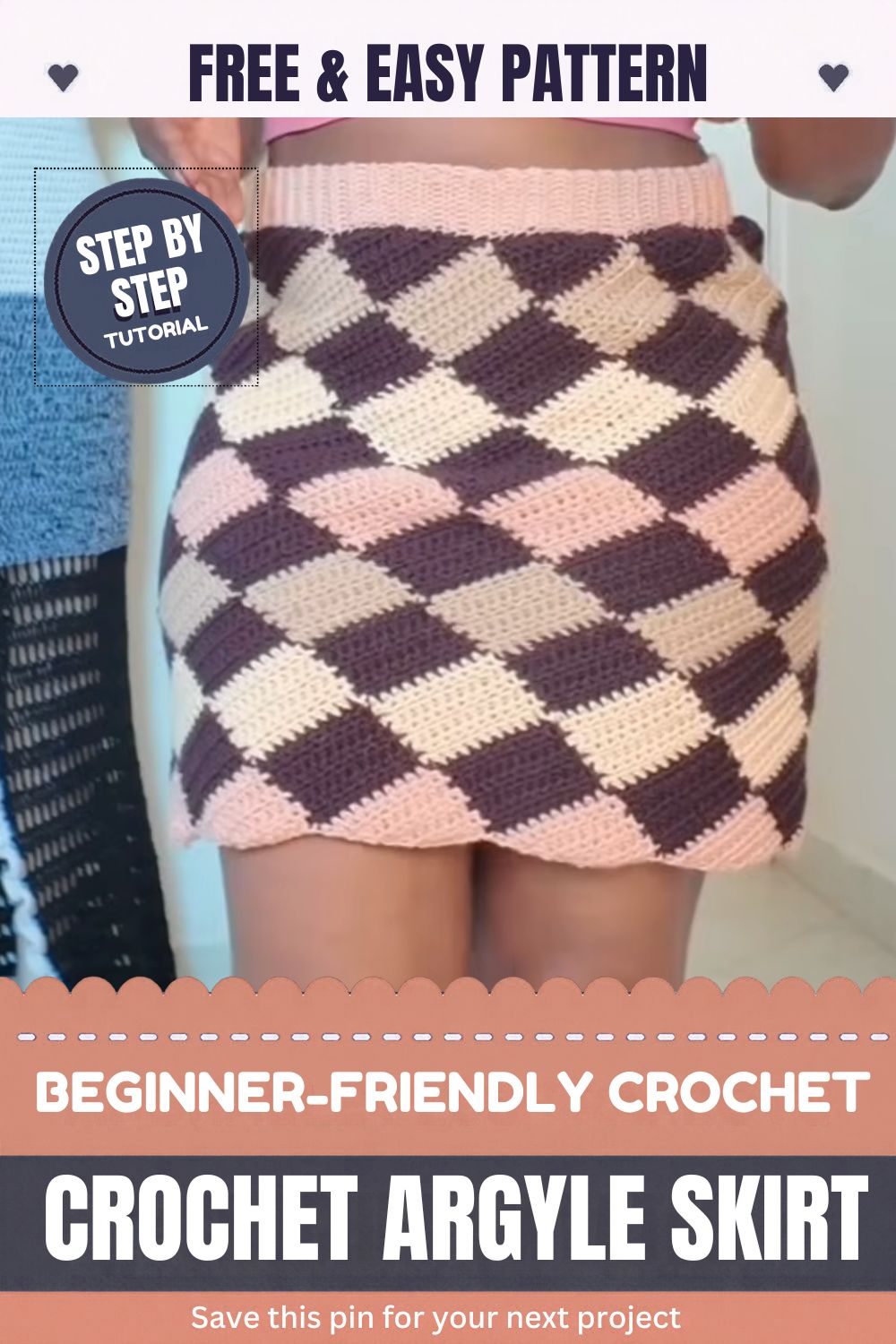 Handmade crochet diamond check skirt in green, cream, and brown