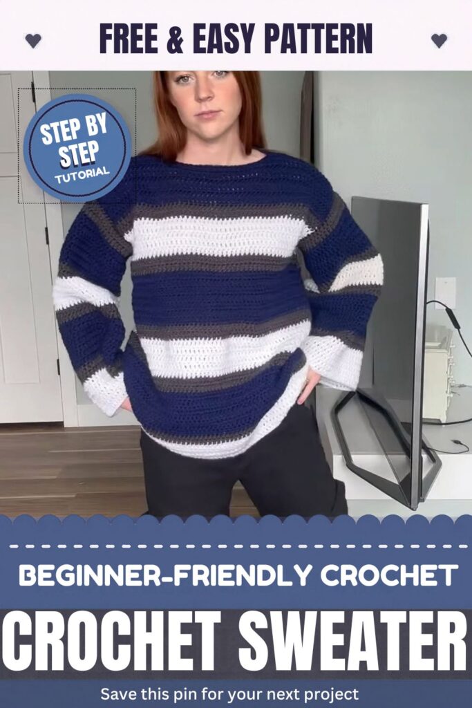 Finished oversized crochet sweater with varsity stripes and white ribbing