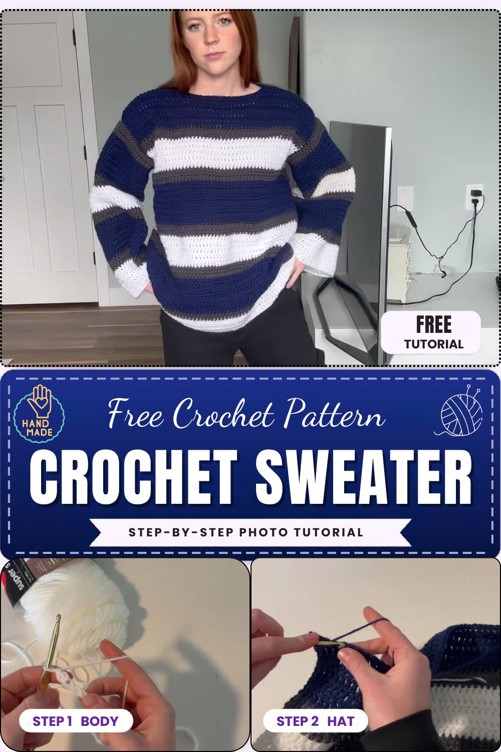 Oversized crochet sweater pattern with bold navy, grey, and white stripes