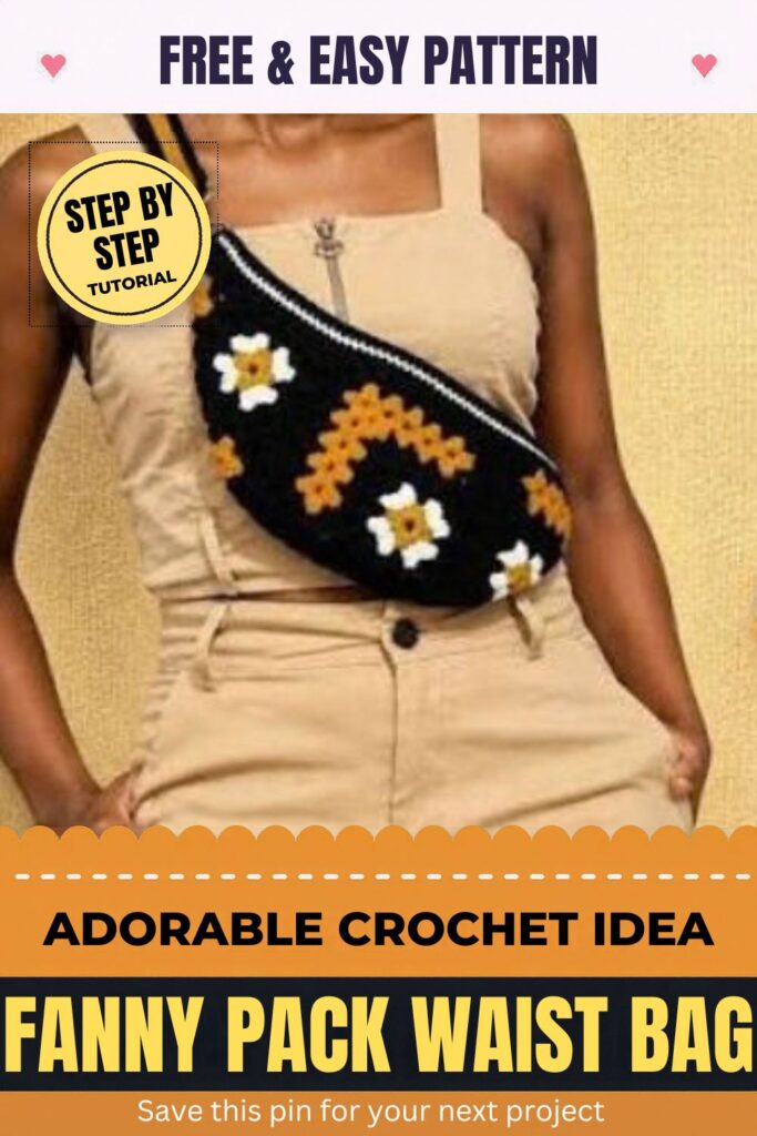Finished granny crochet fanny pack waist bag pattern with four daisy squares