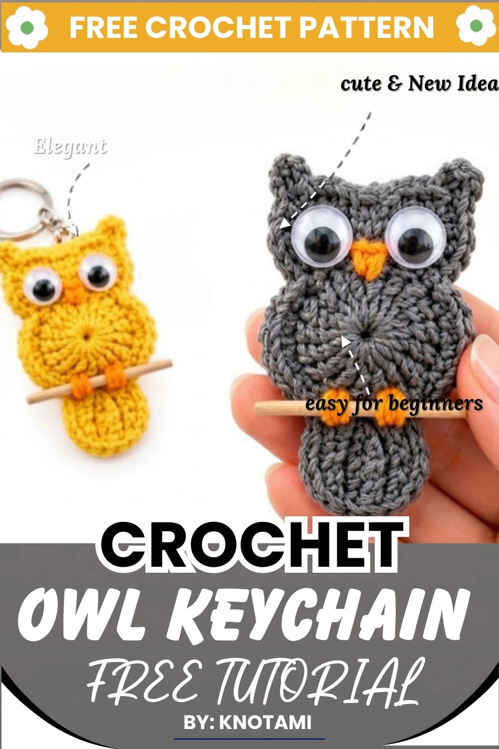 Free crochet owl keychain pattern pin with step photos