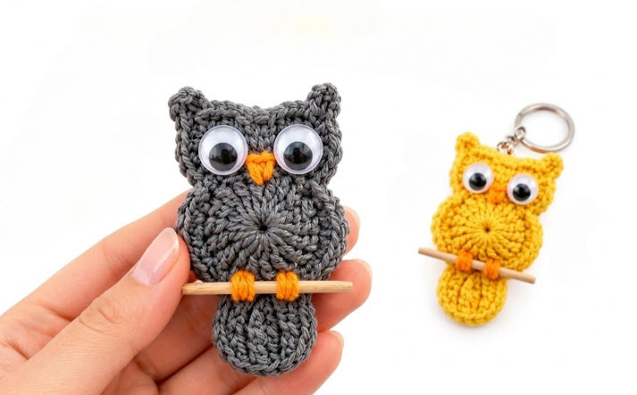 Crochet Owl Keychain Pattern With Wooden Perch