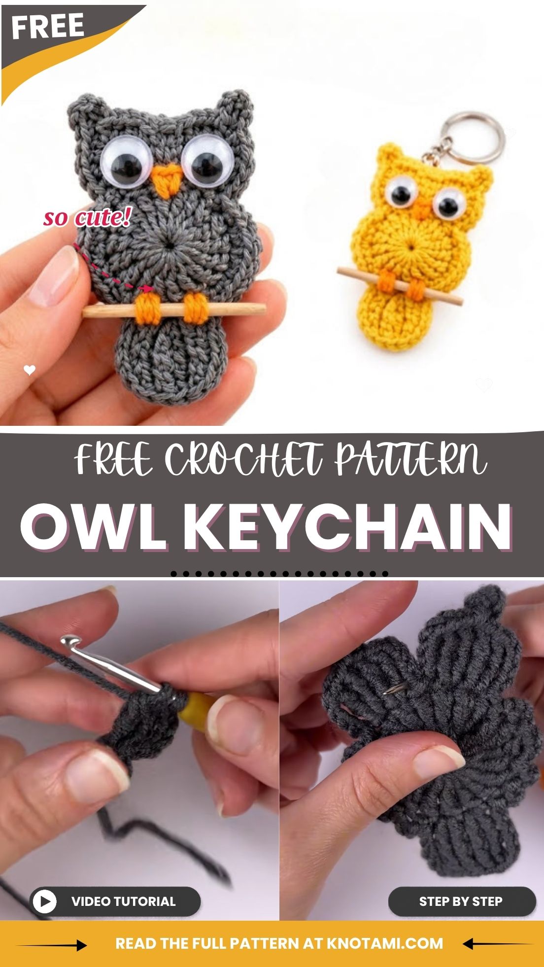 Crochet owl keychain pattern with wooden perch
