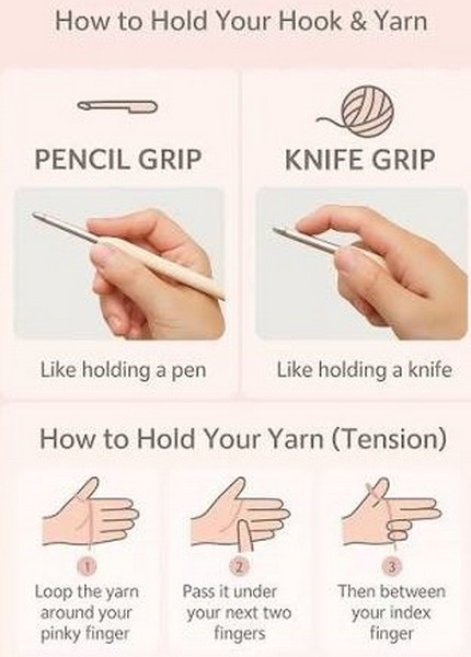 Right hand holding a crochet hook in a pencil grip.
