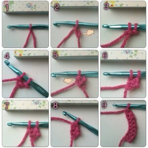 Rows of single crochet stitches worked in soft blue cotton yarn