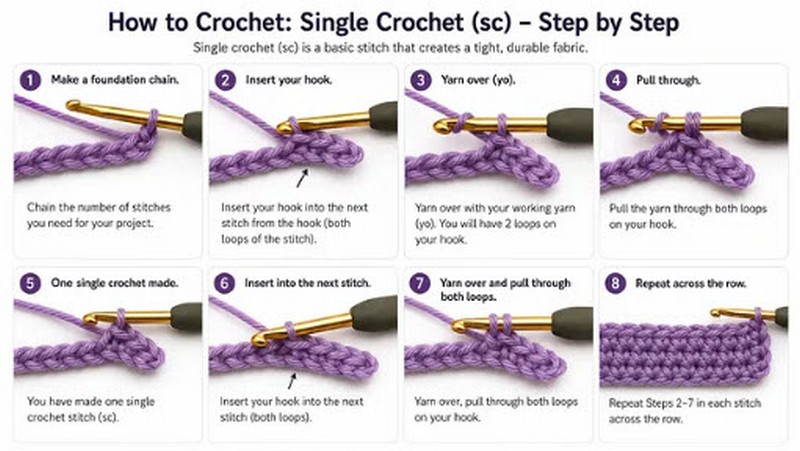 Rows of single crochet stitches worked in soft blue cotton yarn