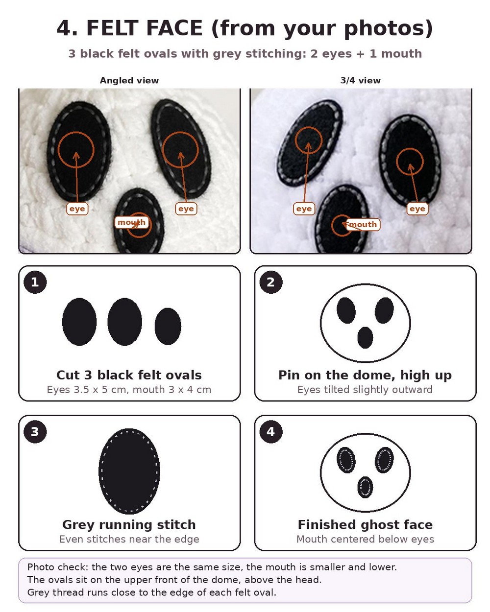 black felt eyes and mouth stitched with grey thread on the white shell